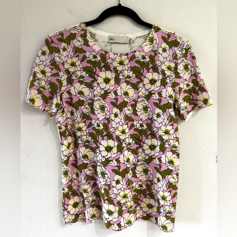 Tory Burch XS Pink and Green Floral Short Sleeve Top NWOT